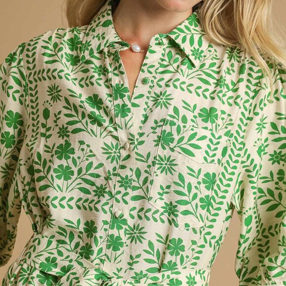 Umgee Floral Print Button-Front Midi Dress Green Cream 3/4 Sleeves Pockets Large - Picture 3 of 7